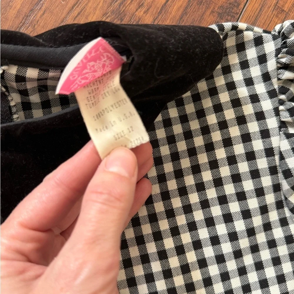 Rare Vintage Black White Gingham Checkered Dress 80s Peter Pan Velvet Collar 12